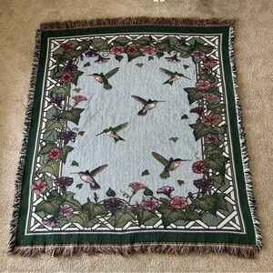 Vintage Hummingbird Floral Woven Tapestry Throw Blanket Fringe Afghan 53x48